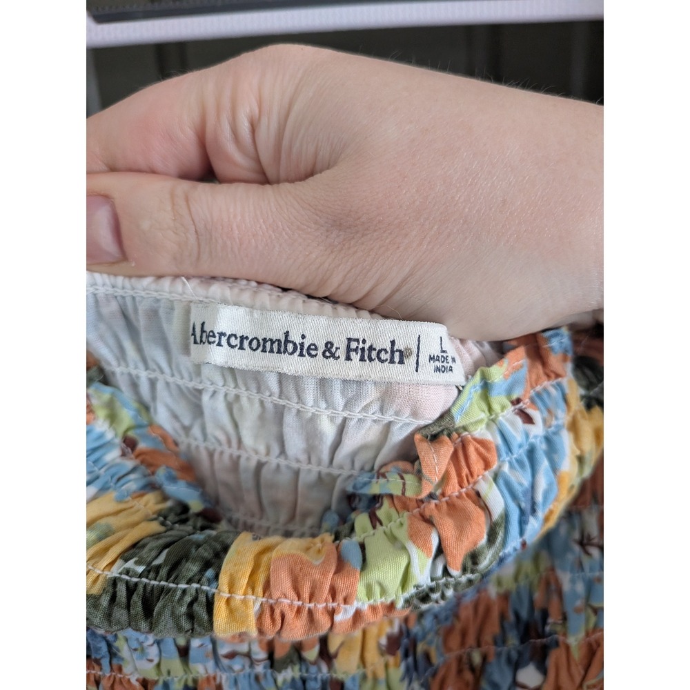 Abercrombie‎ & Fitch Floral Smocked Midi Dress Puff Sleeve Orange Blue Large - Picture 2 of 5
